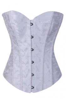 White Brocade Strapless Corset With Structured Paneling and Black Metal Clasps