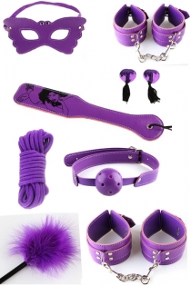Purple BDSM Props Including Mask, Paddle, Handcuffs, Gag, Ropes, and Tickler