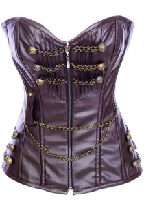 Steampunk Aubergine Leather-feel Corset With Brass Button and Chain Detail, Front Zipper Closure