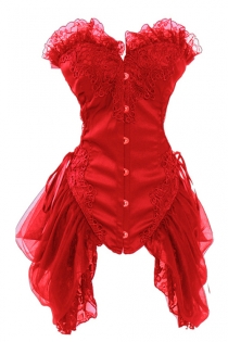 The Scarlet Letter Corset in Red With Chiffon Bordersm Lacey Patterns, Lace-up Back and Hook-eye Closure