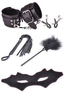 Black BDSM Props Including Bat Mask, Tickler, Whip, Handcuffs, and Nipple Clamps