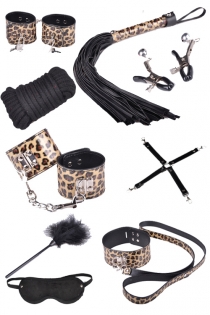 Whip, Rope, Choker, Adjustable Handcuffs, Nipple Clamps. Leopard BDSMKit