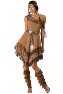 Indian Lady Costume with Brown Dress & Fringed Sandals