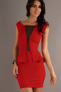 Hot Red Club Dress with Ruffled Embellishment & Transparent Panel
