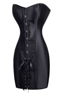 Figure-hugging Black Satin Corset Dress with Front Hook and Eye Closure & Lace-up