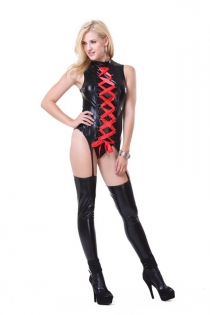 Ultra Sexy Leatherette Cat women Costume with Jumpsuit and Stocks