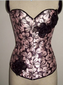 Enticing Floral Corset with Black Flower Embellishments, Front Hook and Eye Closure