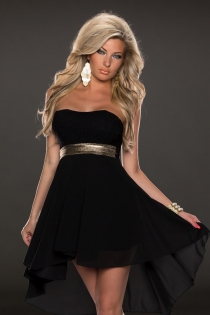 Ultra Elegant Black Sleeveless High-Low Dress With Gold Belt
