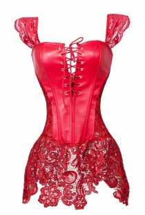 Deviant Red Faux Leather and Lace Corset with Lace-up Front and Zipper Back