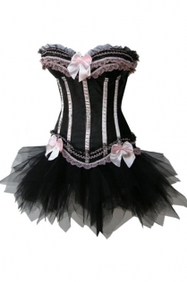 Hollywood Dream Lace Strapless Corset Ruffle Skirt Dress with Black Lace Trimming, Bows and Ribbons