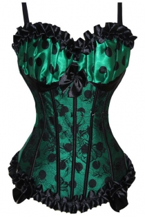 Sexy Green Burlesque Satin Corset with Polka Dot Pattern and Trimmed Details