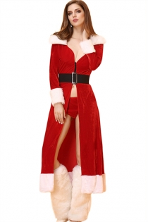 Sexy Red Christmas Long Dress With White Fur Trims And Matching Thongs, Leg Wears