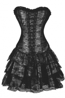 Gorgeous Black Waist Training Corset Dress With Floral Lace Overlay and Ruffle-Layered Skirt, Lace-up Front and Matching Flower on Bust