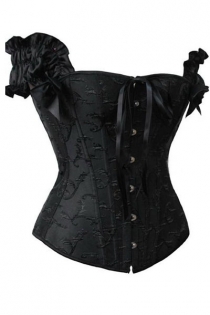 Black Steel Boned Corset Top With Brocade Pattern, Ruched Satin Sleeves and Ribbon Bows, Front Busk