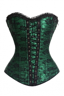 Sexy Green Corset With Black Floral Lace Overlay, Lace-up Front Panel and Ruched Lace Trim without matching skirt