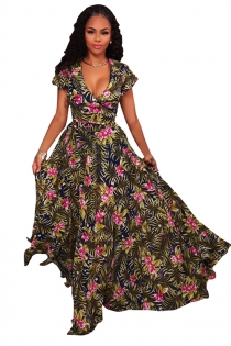 Bohemian style leaves print chiffon big hemline full length dress