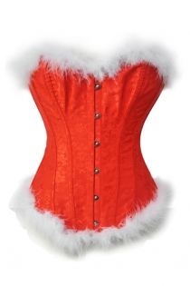 Front Busk Red Brocade Overbust Christmas Corset With White Fur Trim