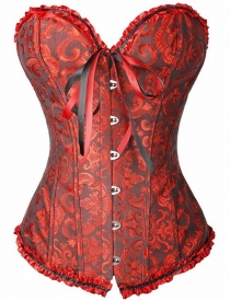 Dark Red Victorian Floral Brocade Corset With Ruffle Ribbon Trim, Sweetheart Neckline, Front Busk, Lace Up Back