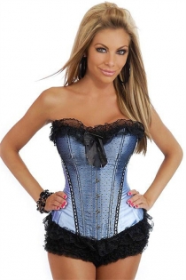 Blue Corset With Black Polka Dot Lace Overlay in Front Panels, Ruffle and Bow, Front Busk