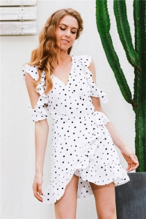 Ruffle cold shoulder polkadot print summer dress Vintage irregular bow wrap short dress Women chic chiffon white dress