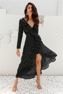 Autumn long sleeve polka dot ruffle wrap dress Women sexy v neck split maxi dress vestidos Summer beach black long dress
