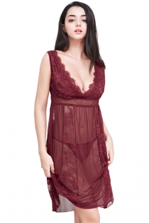 2018 New Women Plus Size Mesh Babydoll Burgundy Lace Sleep Dress