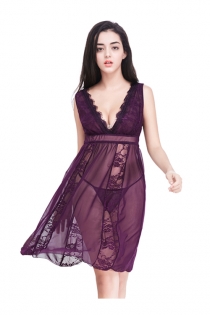 2018 New Women Plus Size Mesh Babydoll Purple Lace Lingerie Dress