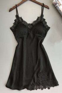 Black Three-dimensional lace trim ice silk nightdress without breast pad