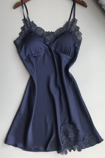 Blue Three-dimensional lace trim ice silk nightdress without breast pad