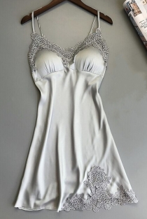 Silver gray three-dimensional lace trim ice silk nightdress without breast pad