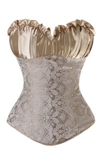 Apricot Lace Sleeveless Overbust Corset With Super Soft Ruffled Satin Neck and Tie Back