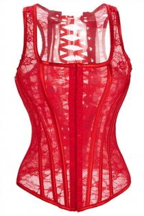 White and Red Lace Overlay Corset With Racer-back Straps, Hook and Eye Front Closure, and Lace-up Back