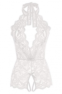 White sexy flower lace mesh perspective bodysuit