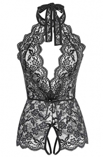 Black sexy flower lace mesh perspective bodysuit