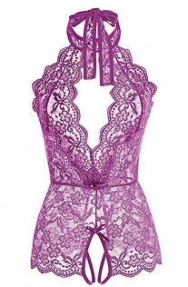 Purple sexy flower lace mesh perspective bodysuit