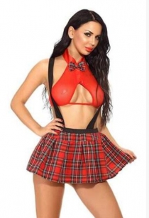 Red Sheer bra with Red Plaid School Girl Skirt