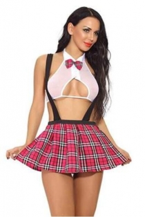 White Sheer bra with Pink Plaid School Girl Skirt