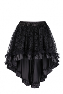 Floral Tulle Asymmetrical Satin Lace Ruffle Trim Steampunk Skirt Gothic Skirts, Black