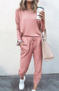 Loose solid Pink color long-sleeved casual suit