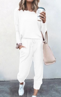 Loose solid white color long-sleeved casual suit