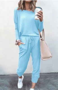 Loose solid sky blue color long-sleeved casual suit