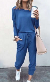 Loose solid royal blue color long-sleeved casual suit