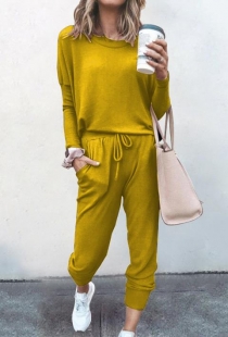 Loose solid yellow color long-sleeved casual suit