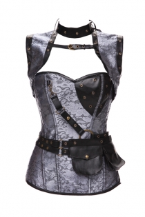Gothic Women Vintage Waist Bustier Steel Boned Steampunk Jacket Corset With Belt, Grey