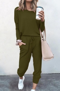 Loose solid army green color long-sleeved casual suit