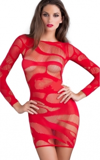 Red Long Sleeves Hollow Net Body Stockings