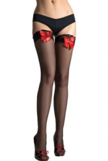 Sheer Black Thigh-High Stockings With Silicon Lacy Welts and Red Satin Bows