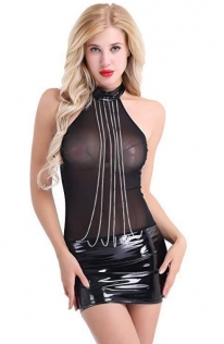 Sexy black PVC Bandage Bodycon Dress with Chain Elements