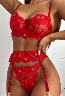 Red temptation embroidered bralette with panties set