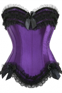 Purple Overbust Corset With Black Lace Trim, Back Closure, and Black Ribbon Accents